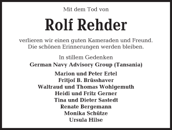 Traueranzeige von Rolf Rehder von Kieler Nachrichten