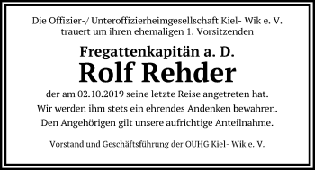 Traueranzeige von Rolf Rehder von Kieler Nachrichten