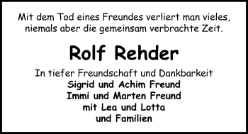 Traueranzeige von Rolf Rehder von Kieler Nachrichten