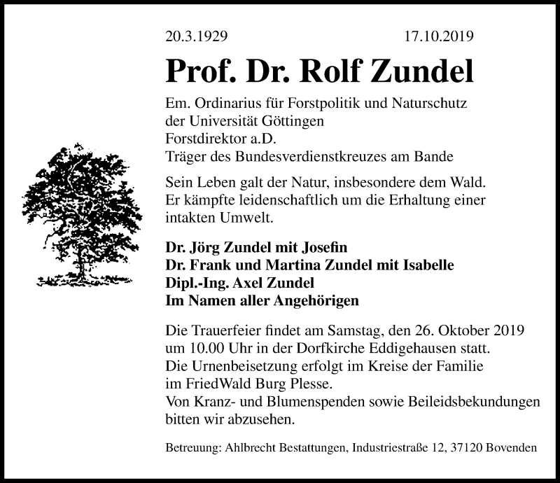  Traueranzeige für Rolf Zundel vom 19.10.2019 aus Göttinger Tageblatt