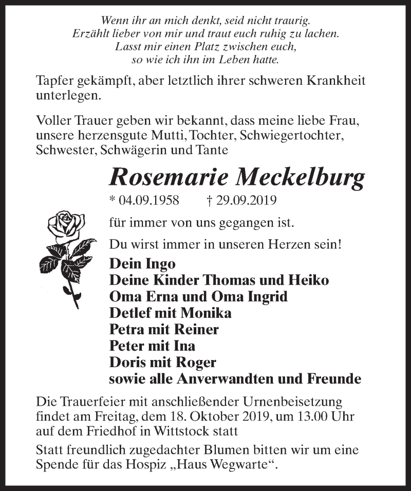  Traueranzeige für Rosemarie Meckelburg vom 05.10.2019 aus Märkischen Allgemeine Zeitung
