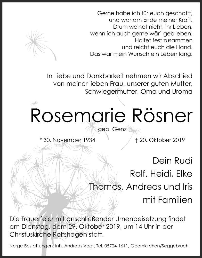  Traueranzeige für Rosemarie Rösner vom 24.10.2019 aus Schaumburger Nachrichten