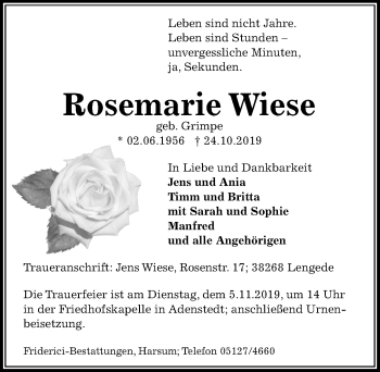 Traueranzeige von Rosemarie Wiese von Peiner Allgemeine Zeitung