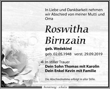 Traueranzeige von Roswitha Birnzain von Leipziger Volkszeitung