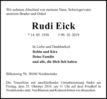 Traueranzeige von Rudi Eick von Aller Zeitung