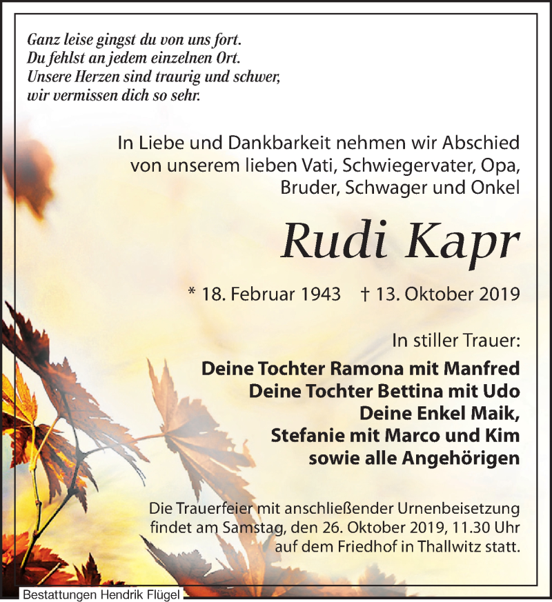  Traueranzeige für Rudi Kapr vom 19.10.2019 aus Leipziger Volkszeitung