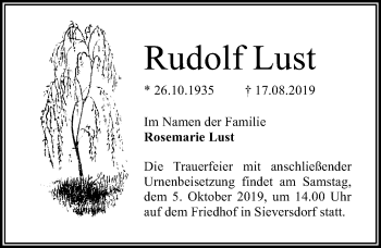 Traueranzeige von Rudolf Lust von Märkischen Allgemeine Zeitung