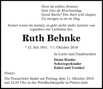 Traueranzeige von Ruth Behnke von Kieler Nachrichten