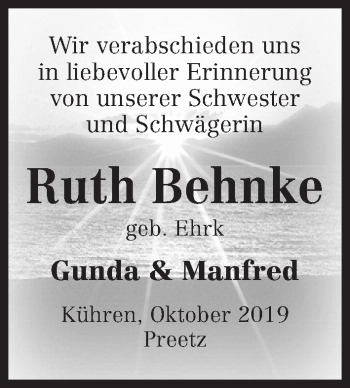 Traueranzeige von Ruth Behnke von Kieler Nachrichten