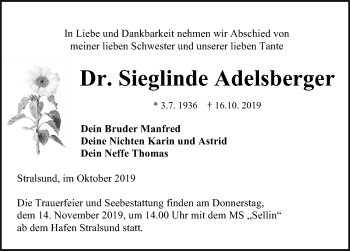 Traueranzeige von Sieglinde Adelsberger von Ostsee-Zeitung GmbH