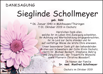 Traueranzeige von Sieglinde Schollmeyer von Leipziger Volkszeitung