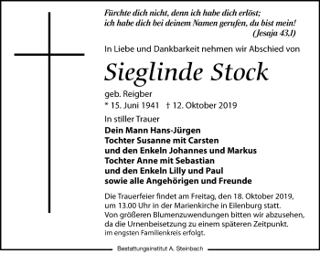 Traueranzeige von Sieglinde Stock von Leipziger Volkszeitung