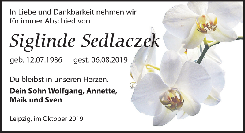  Traueranzeige für Siglinde Sedlaczek vom 12.10.2019 aus Leipziger Volkszeitung