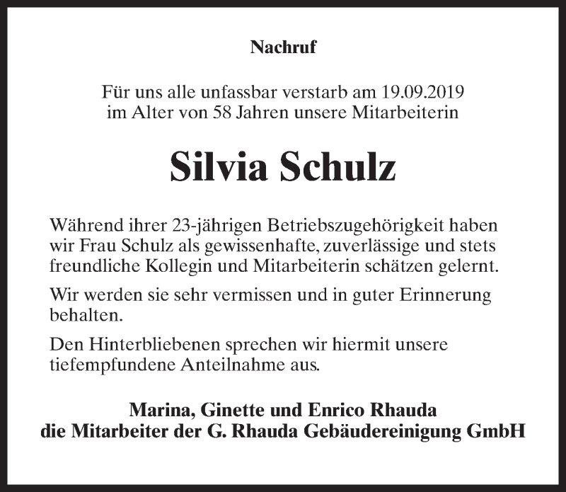  Traueranzeige für Silvia Schulz vom 28.09.2019 aus Märkischen Allgemeine Zeitung