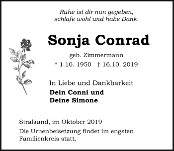 Traueranzeige von Sonja Conrad von Ostsee-Zeitung GmbH