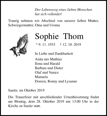 Traueranzeige von Sophie Thom von Ostsee-Zeitung GmbH