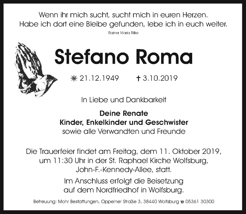  Traueranzeige für Stefano Roma vom 08.10.2019 aus Aller Zeitung