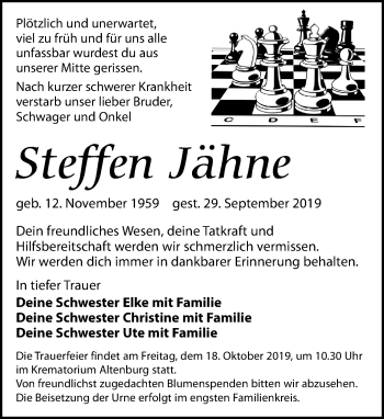 Traueranzeige von Steffen Jähne von Leipziger Volkszeitung