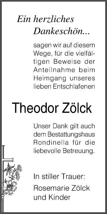 Traueranzeige von Theodor Zölck von Lübecker Nachrichten