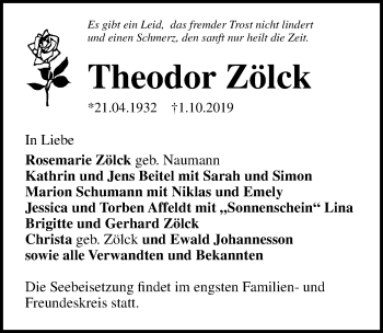 Traueranzeige von Theodor Zölck von Lübecker Nachrichten