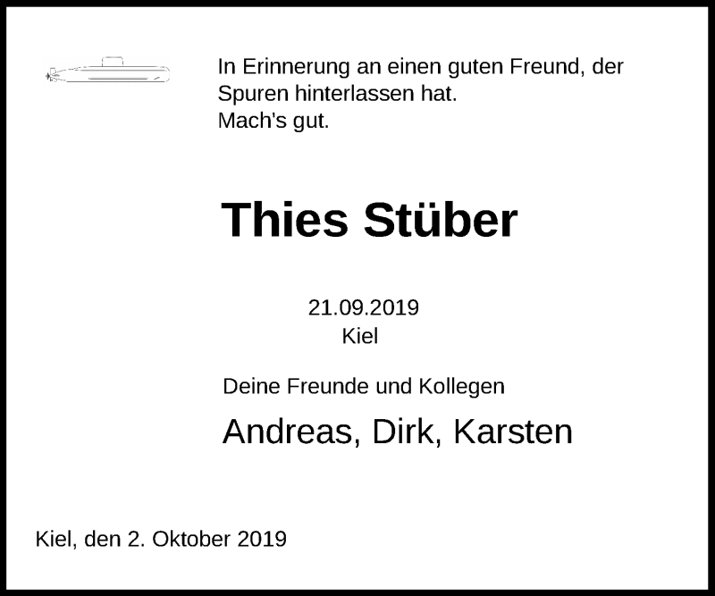  Traueranzeige für Thies Stüber vom 05.10.2019 aus Kieler Nachrichten