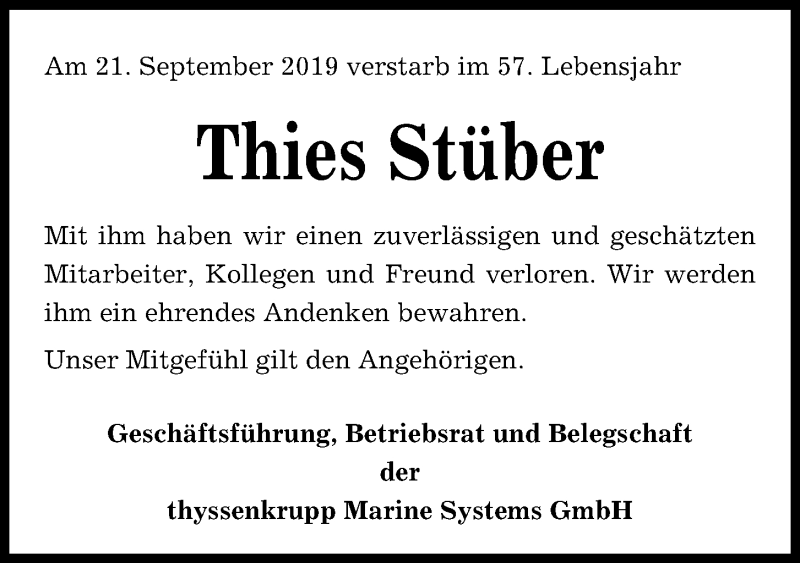  Traueranzeige für Thies Stüber vom 05.10.2019 aus Kieler Nachrichten