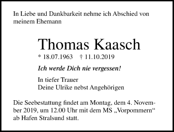 Traueranzeige von Thomas Kaasch von Ostsee-Zeitung GmbH