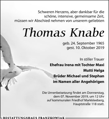 Traueranzeige von Thomas Knabe von Leipziger Volkszeitung