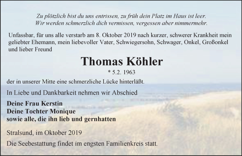  Traueranzeige für Thomas Köhler vom 12.10.2019 aus Ostsee-Zeitung GmbH
