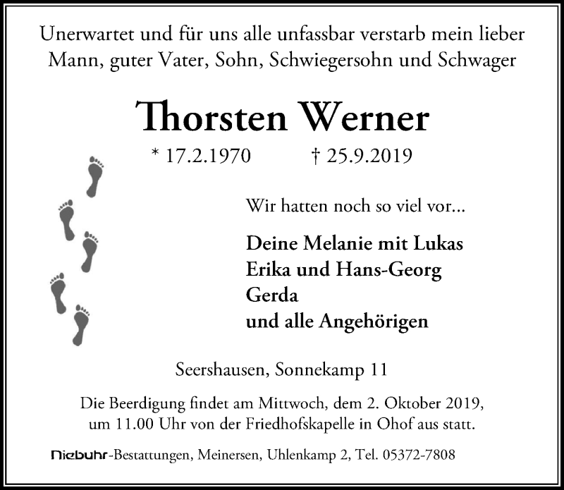  Traueranzeige für Thorsten Werner vom 01.10.2019 aus Aller Zeitung