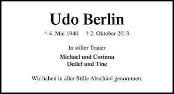 Traueranzeige von Udo Berlin von Lübecker Nachrichten