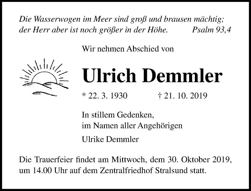  Traueranzeige für Ulrich Demmler vom 26.10.2019 aus Ostsee-Zeitung GmbH