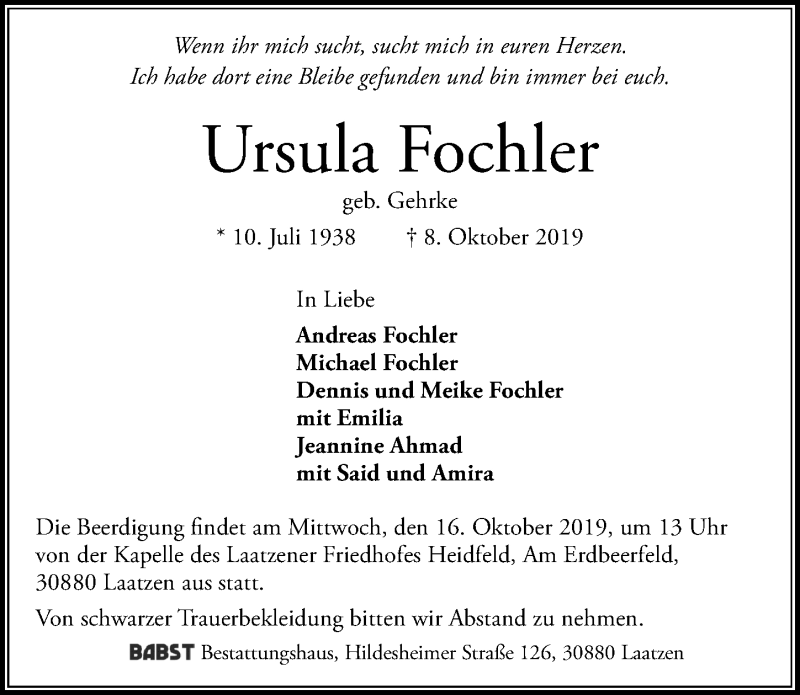  Traueranzeige für Ursula Fochler vom 12.10.2019 aus Hannoversche Allgemeine Zeitung/Neue Presse