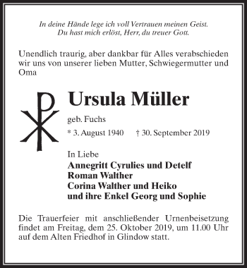 Traueranzeige von Ursula Müller von Märkischen Allgemeine Zeitung