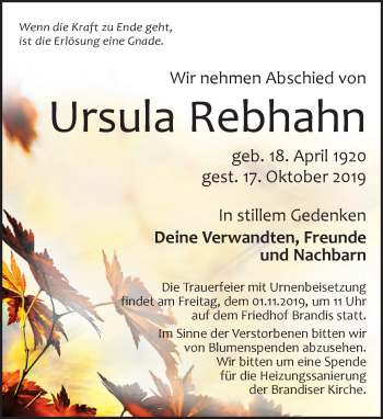 Traueranzeige von Ursula Rebhahn von Leipziger Volkszeitung