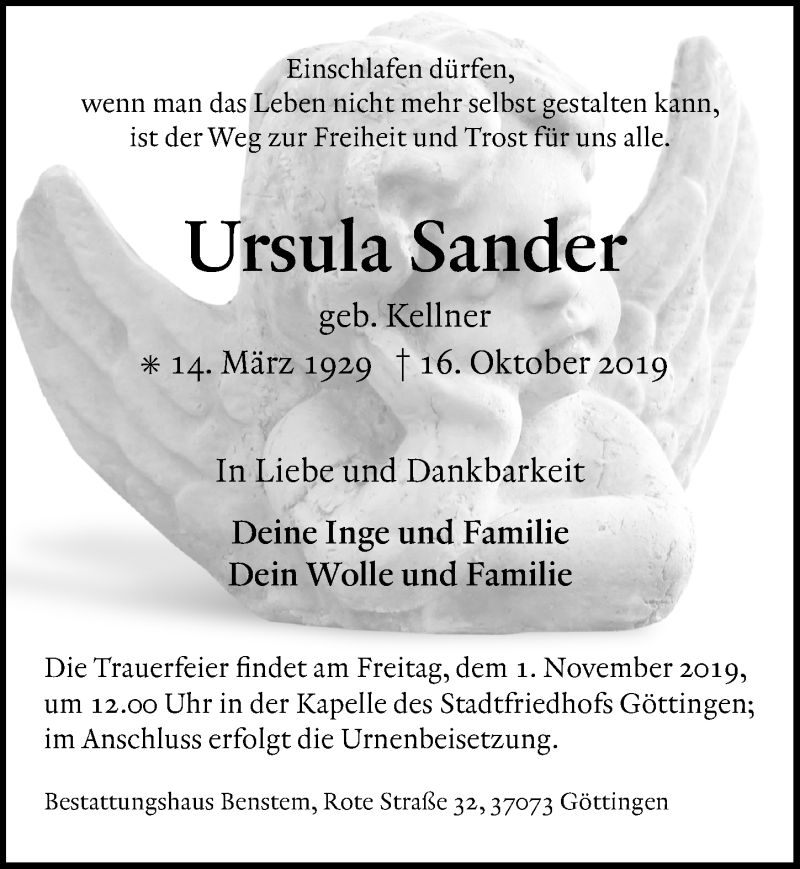  Traueranzeige für Ursula Sander vom 26.10.2019 aus Göttinger Tageblatt