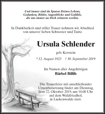 Traueranzeige von Ursula Schlender von Märkischen Allgemeine Zeitung