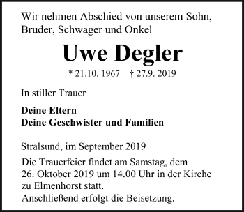 Traueranzeige von Uwe Degler von Ostsee-Zeitung GmbH