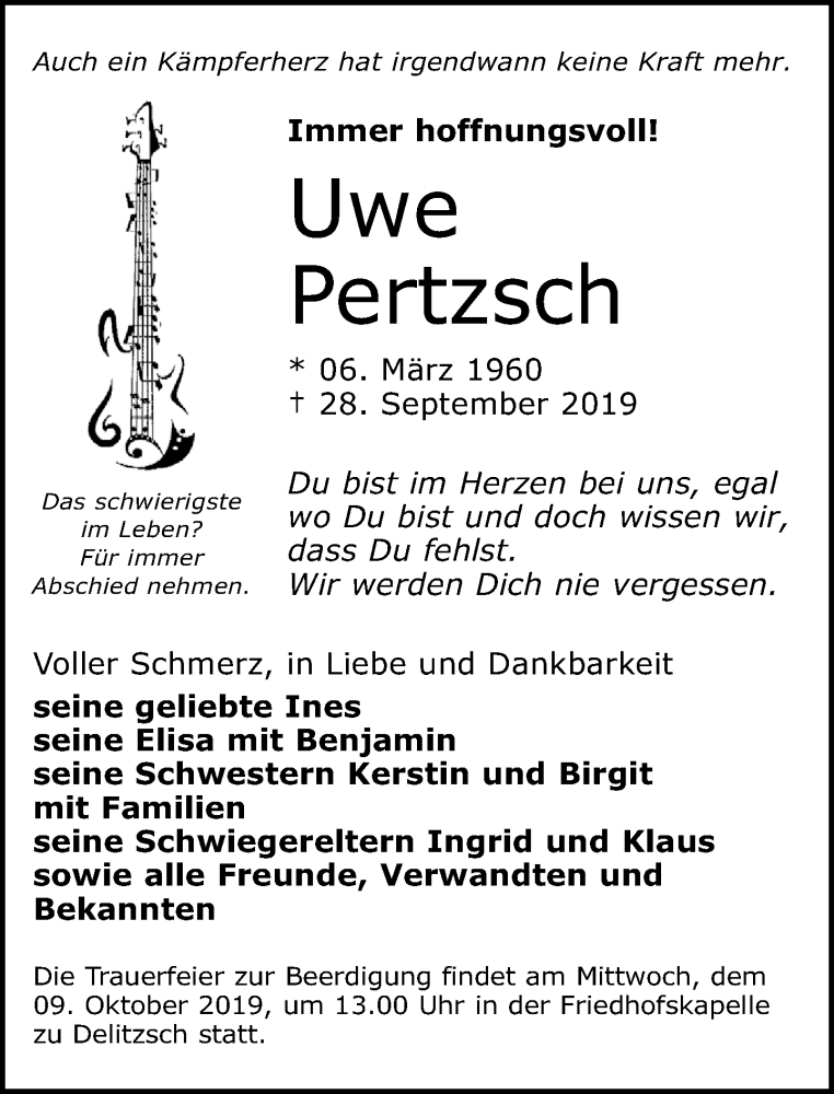  Traueranzeige für Uwe Pertzsch vom 05.10.2019 aus Leipziger Volkszeitung