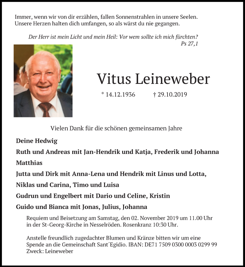  Traueranzeige für Vitus Leineweber vom 30.10.2019 aus Göttinger Tageblatt