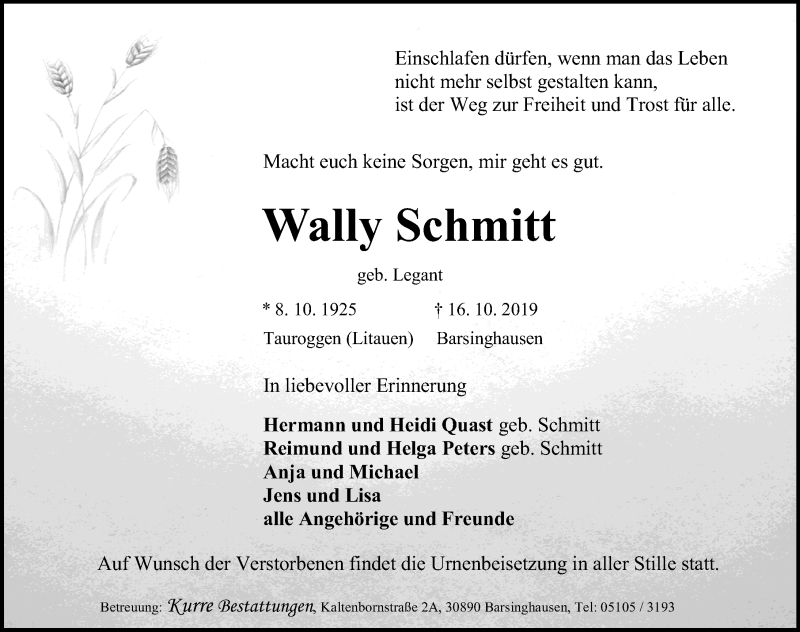  Traueranzeige für Wally Schmitt vom 26.10.2019 aus Hannoversche Allgemeine Zeitung/Neue Presse