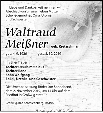 Traueranzeige von Waltraud Meißner von Torgauer Zeitung