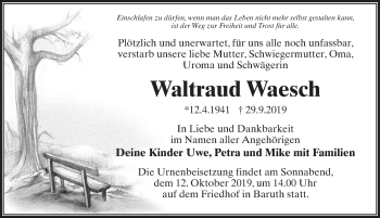 Traueranzeige von Waltraud Waesch von Märkischen Allgemeine Zeitung