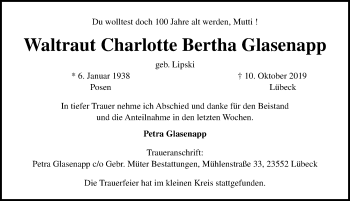 Traueranzeige von Waltraut Charlotte Bertha Glasenapp von Lübecker Nachrichten