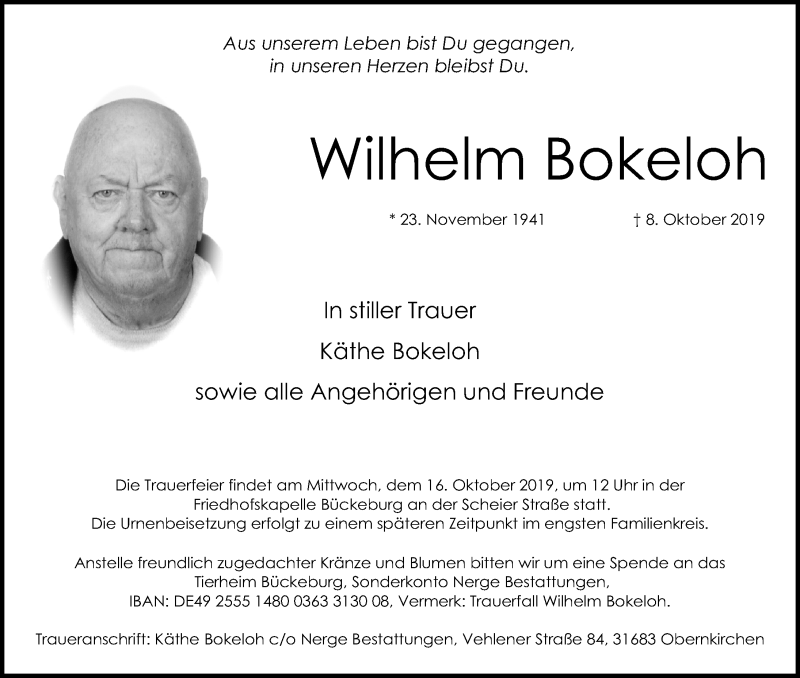 Traueranzeige für Wilhelm Bokeloh vom 11.10.2019 aus Schaumburger Nachrichten