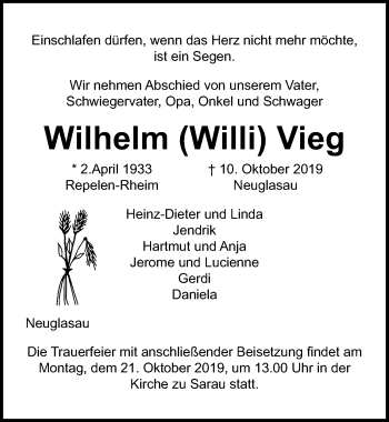 Traueranzeige von Wilhelm Vieg von Lübecker Nachrichten