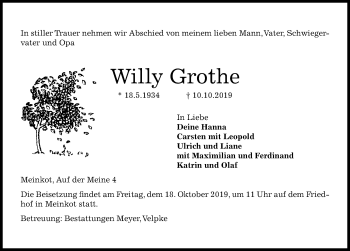 Traueranzeige von Willy Grothe von Aller Zeitung