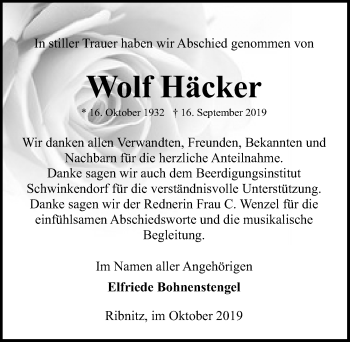 Traueranzeige von Wolf Häcker von Ostsee-Zeitung GmbH