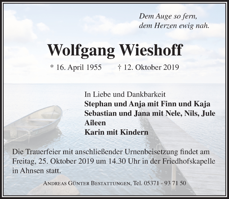  Traueranzeige für Wolfgang Wieshoff vom 19.10.2019 aus Aller Zeitung
