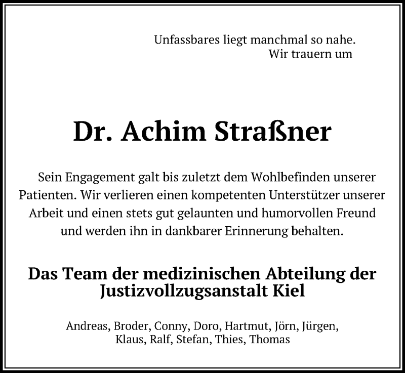  Traueranzeige für Achim Straßner vom 16.11.2019 aus Kieler Nachrichten